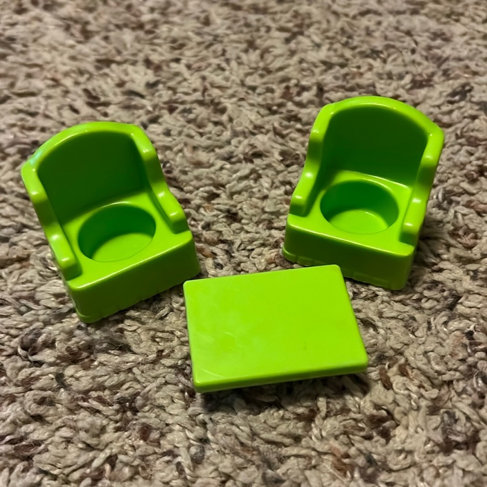 Vintage Fisher-Price little people, green wing bat chairs & coffee table